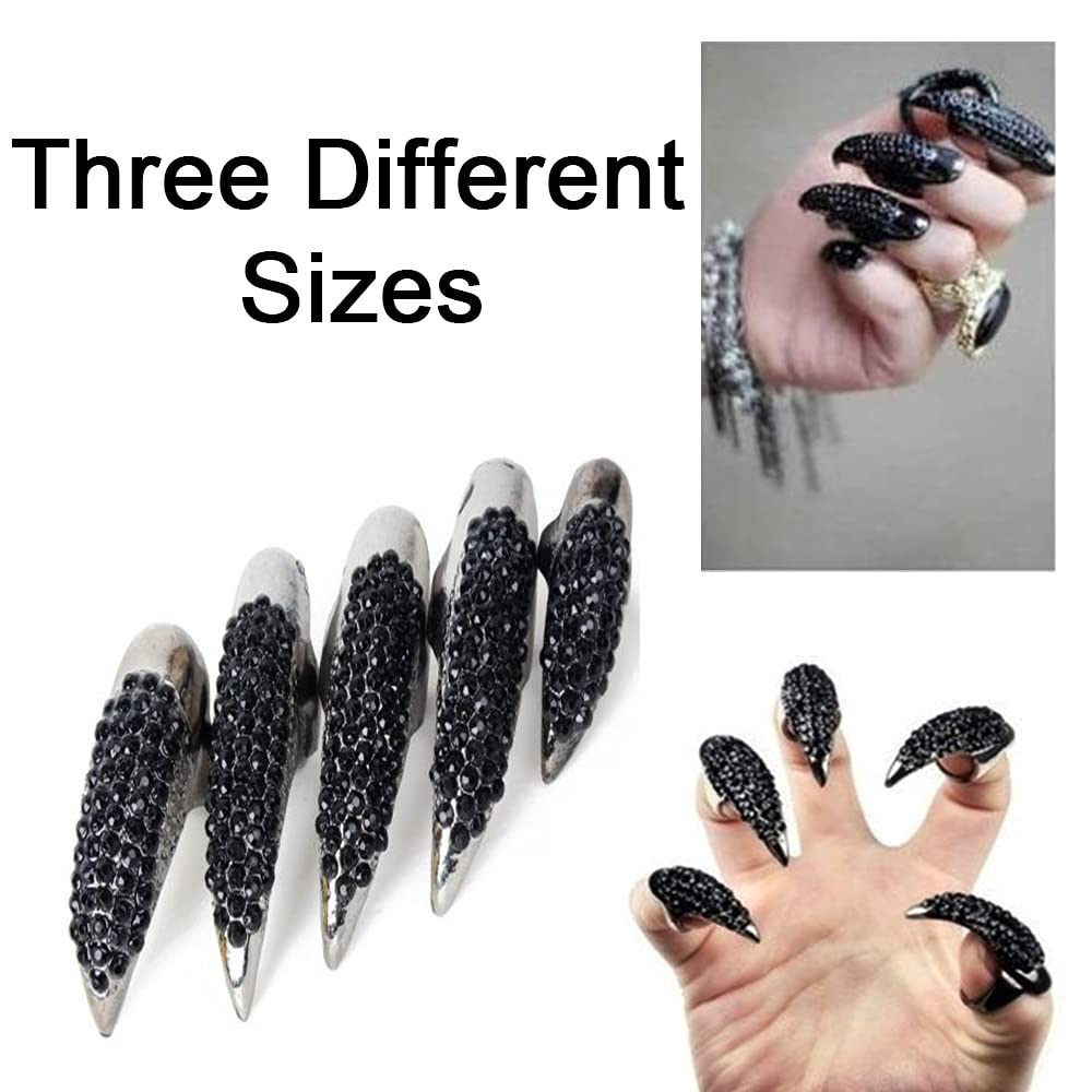 10PCS Halloween Costume Claws,Fake Nails Ring Set, Gothic Punk Crystal Full Finger Rings Paved Paw Bend Fingertip Fingernail Claw Girls Women Men Ring False Easy Long Nails Black(3 Sizes)