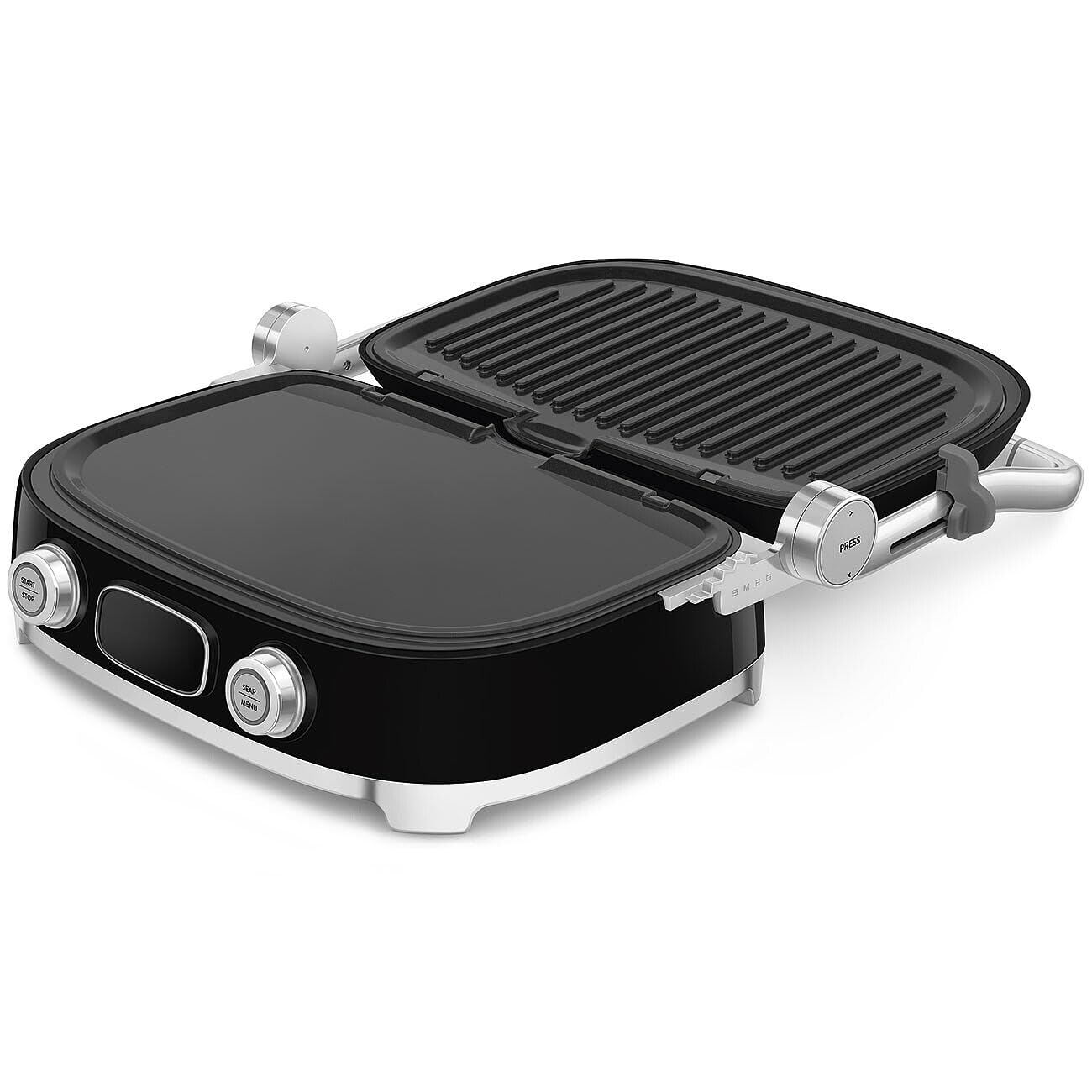 SMEG MGF01 Multi-Use Countertop Electric Grill, with Interchangeable Plates, Panini Press, Waffle Maker & Grill, LCD Display, Sear Function, Adjustable Temperature, 50’s Retro Style – (Black)