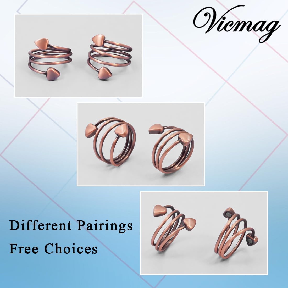 Vicmag Copper Magnetic Ring for Women Ring Ladies Fingers Thumb 99.9% Solid Pure Copper Gift 2PCS Adjustable (Copper Heart)