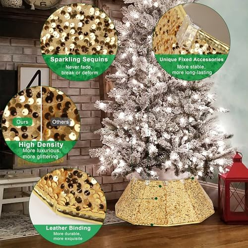 Blissun Christmas Tree Collar, Sequin Christmas Tree Skirt, Foldable Tree Ring, Xmas Tree Stand Base Cover for Christmas Tree Decoration, Bright Gold