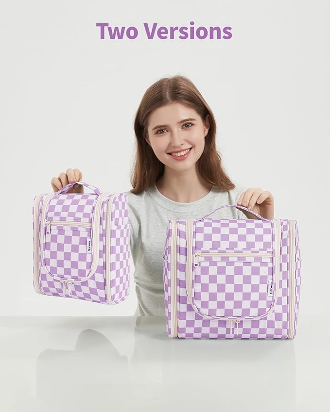 Narwey Checked Hanging Travel Toiletry Bag for Women, Travel Bag for Toiletries, Makeup Bag Organizer Cosmetic Bags Make Up Bags for Women (Purple Checkerboard)