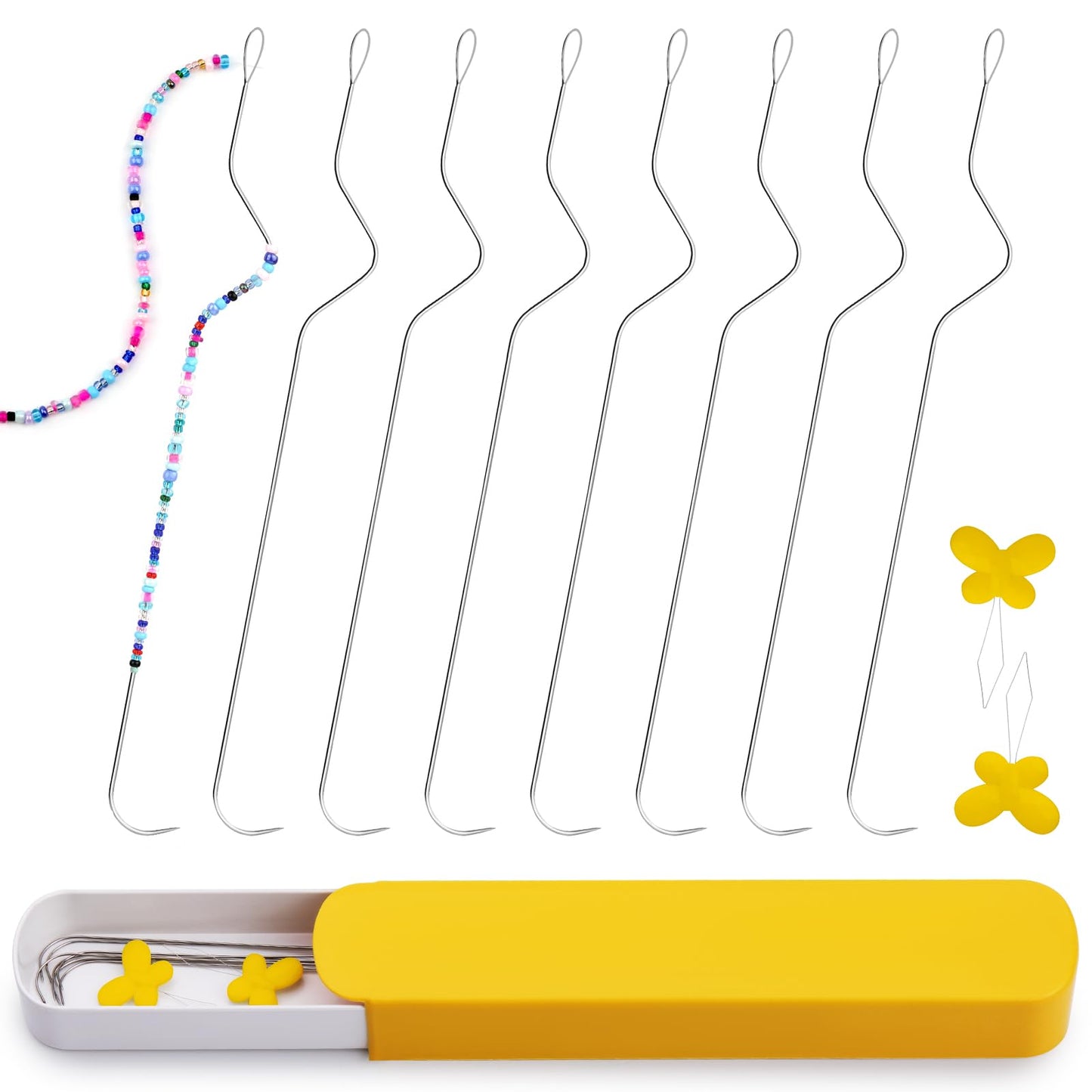 GarfxG 8 PCS Beading Needles-7.48 Inches Stainless Bead Spinner Needles, Big Eye Curved Beading Needles for Jewelry Making with 2pcs Threaders (Ergonomic Arc Design)
