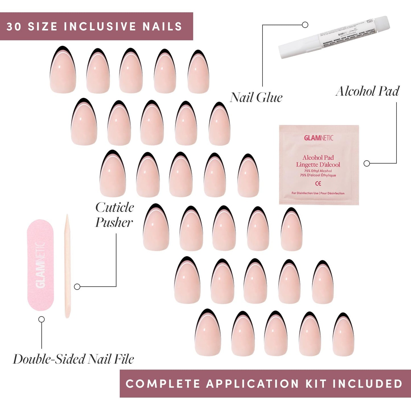 Glamnetic x GLAMZILLA Press On Nails - NO IN BETWEEN | Short Almond Fake Nails, Black & White Micro French Tips, Salon Quality, Everyday | 15 Sizes - 30 Nail Kit with Glue
