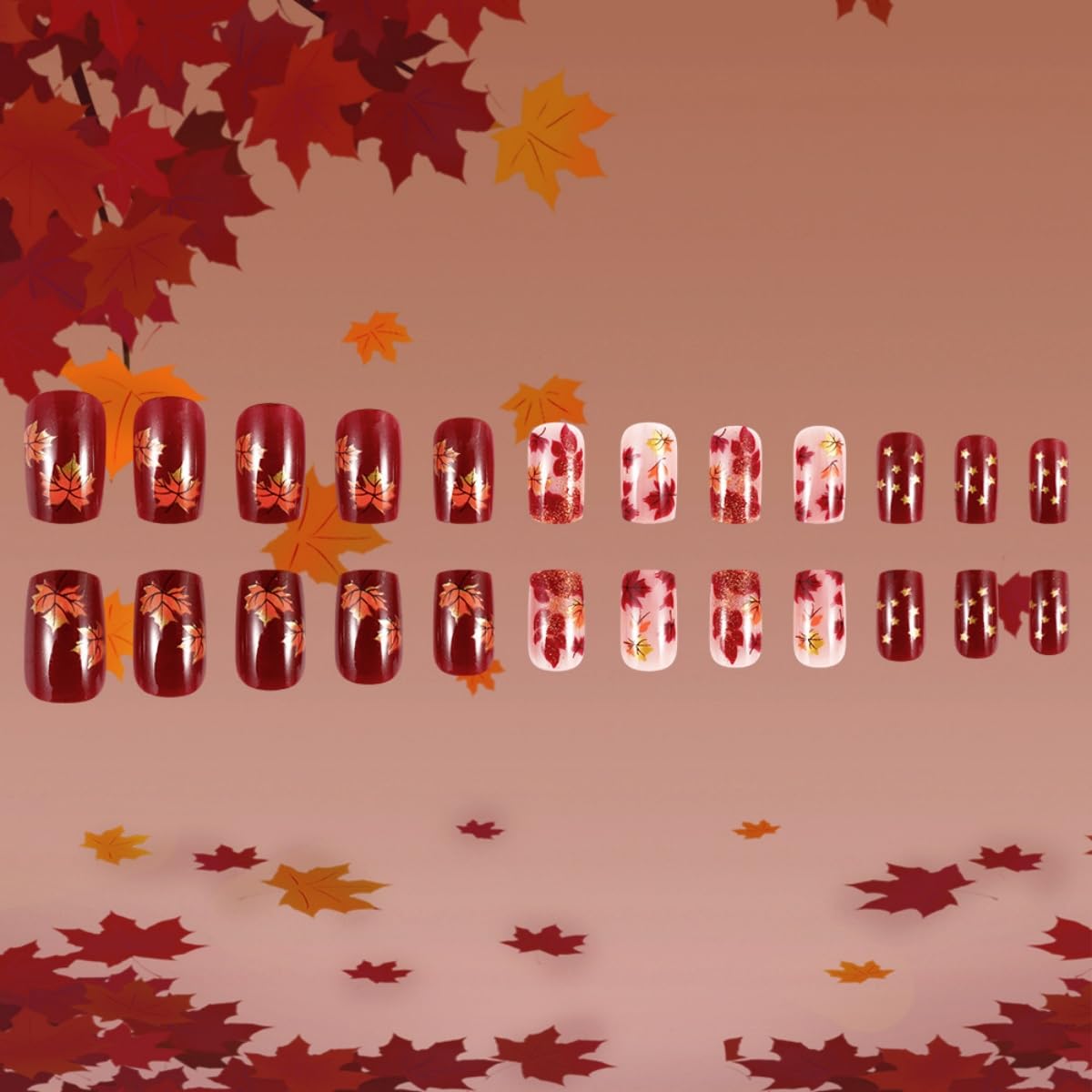 Thanksgiving Press on nails Medium Square Fake Nails with Maple Leaves Design Stick on Nails Gold Glitter False Nails Fall Full Cover Acrylic Glue on Nail for Women Nail Art Decoration 24Pcs