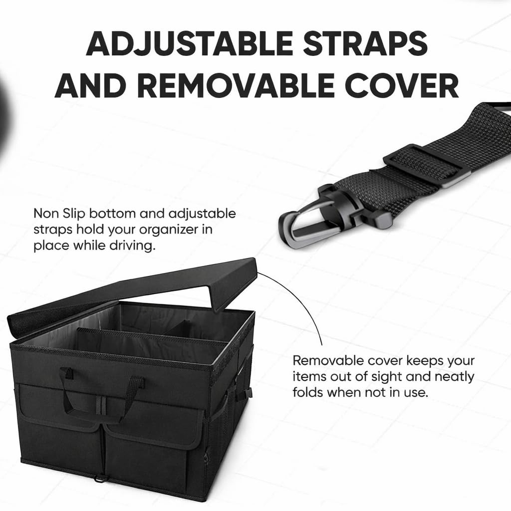 Large Car Trunk Organizer with Lid – Foldable Collapsible Storage Box, Heavy Duty, Multi-Compartment, Non-Slip Bottom, Durable Car Storage Organizer for SUV, Truck & Auto Accessories