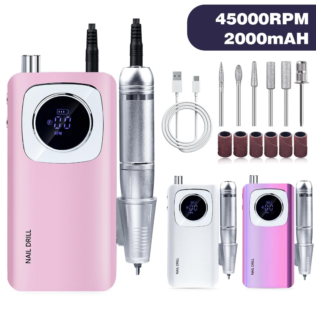 URTERYSER Nail Drill Machine, Electric Files Rechargeable Drill 45000RPM Drill Machine for Acrylic and Gels Nails Electric Manicures (Pink)