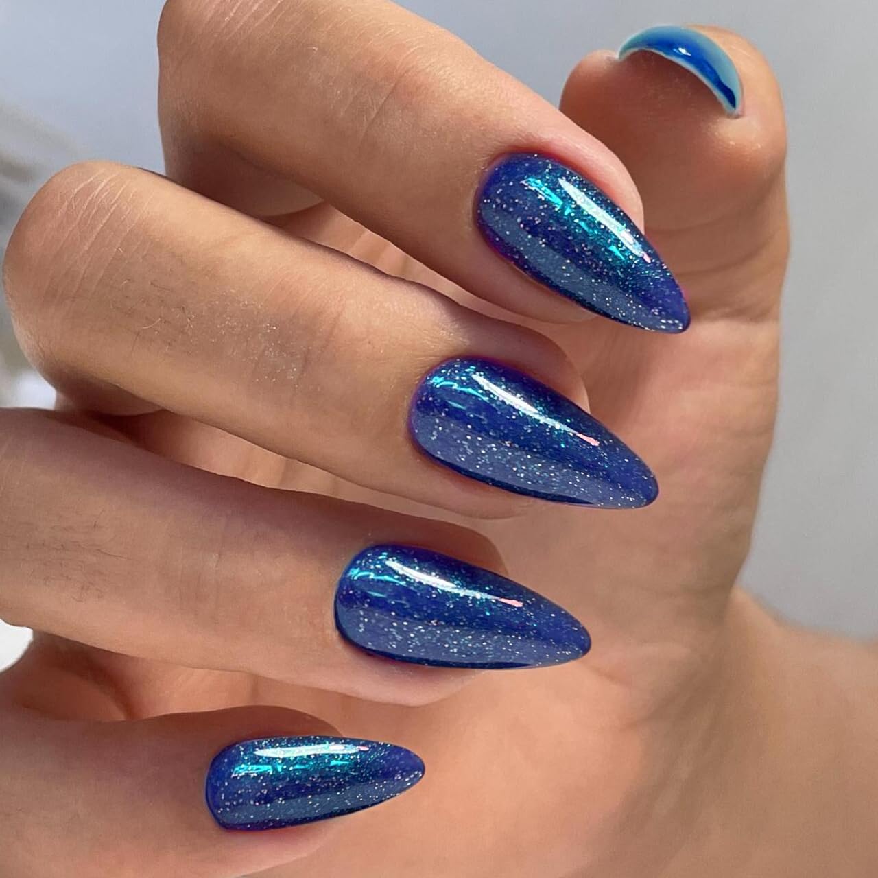 KQueenest Royal Blue Chrome Press on Nails Short Medium Square&Royal Blue Glitter Press on Nails Medium Almond For Beach Party Daily Decoration in 48 PCS