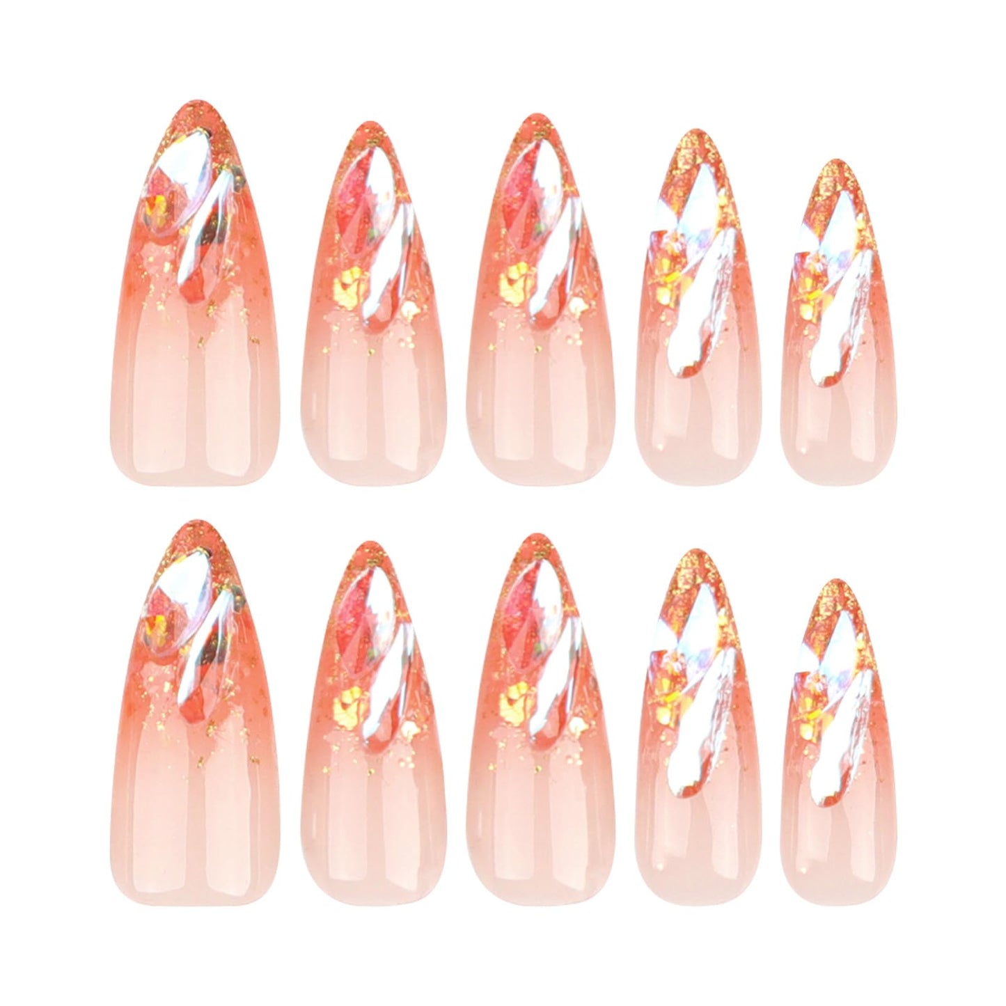 MISUD Press on Nails - Long Stiletto Glue on Nails with Orange Ombre, Acrylic Bling Glitter Rhinestone Design 24 pcs