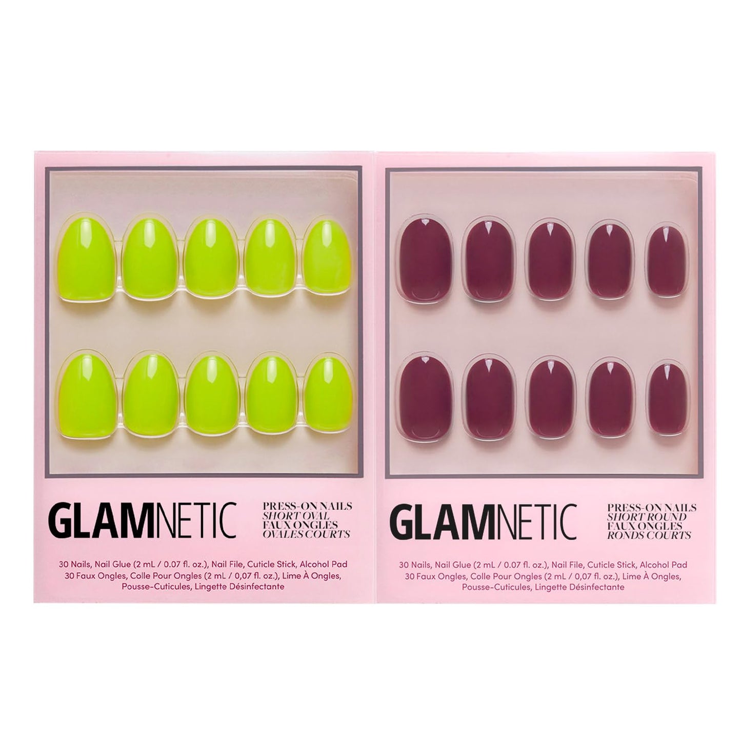 Glamnetic Press-On Nails Bundle - Lime Green & Berry Maroon | Bright Neon Green Short Oval Fake Nails | Dark Red Maroon Short Round False Nails | Reusable, Salon-Quality Nail Kits