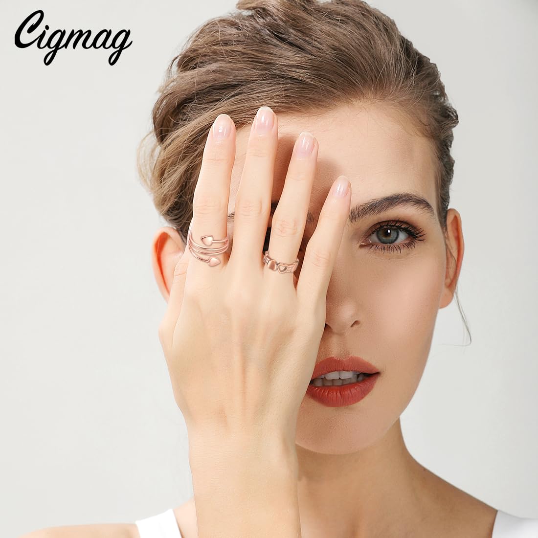 Cigmag 2PCS Copper Rings for Women, with Powerful Magnets, Adjustable Solid Pure Copper (Rose Gold Heart & Love)