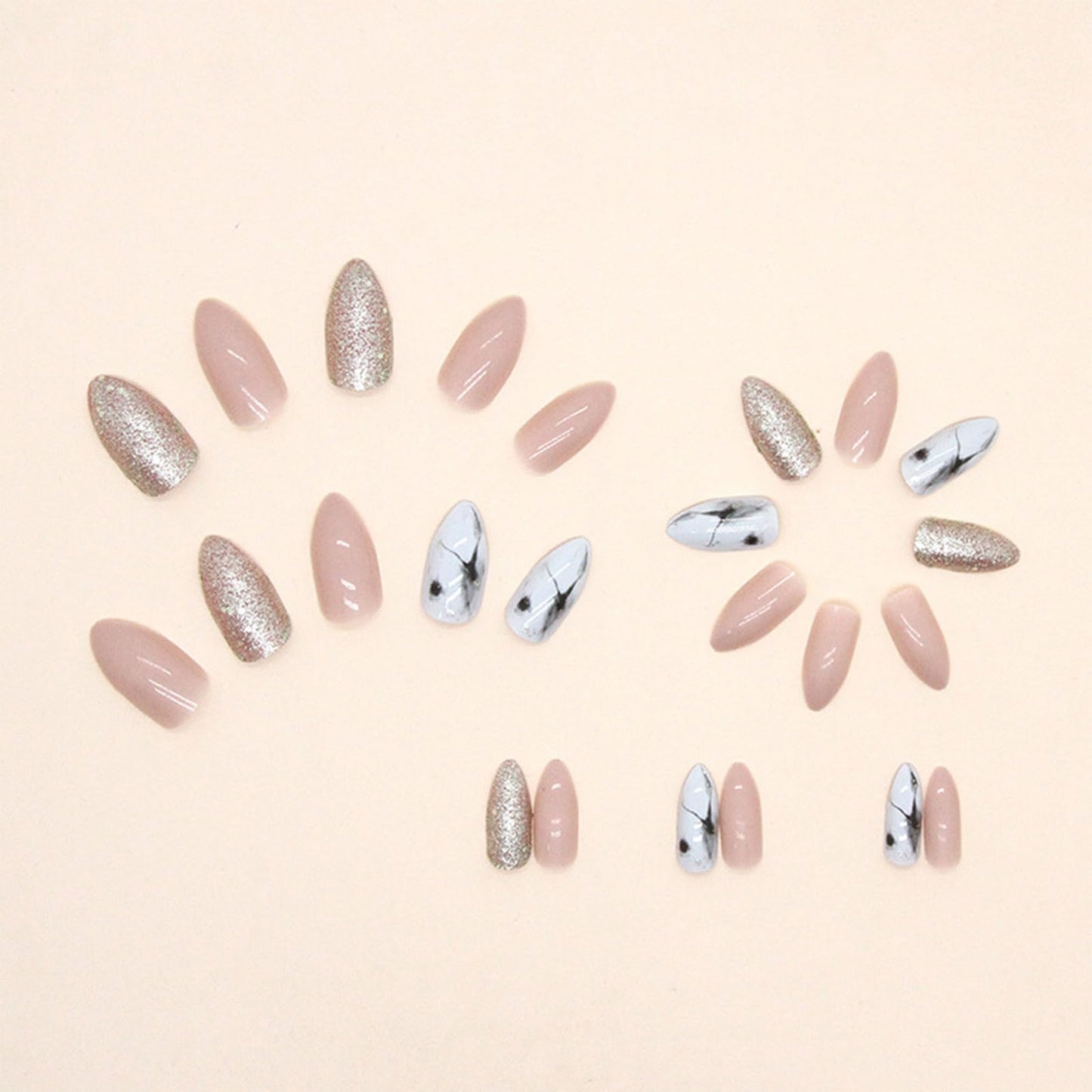 Medium Almond Press on Nails Silver Fake Nails White Leopard Print Designs Acrylic Glue on Nails Full Cover Pink Glossy Artificial Stick on Nails for Women 24 Pcs