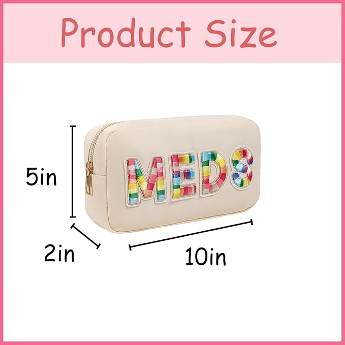 Chenille Letter Patch Nylon Medicine Packages,Cute MEDS Travel Makeup Bag with Metal Zipper, First Aid Purse Organizer Cosmetic Bag for Women and Girls(01Beige)