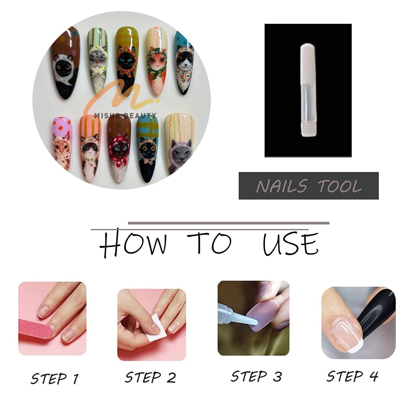 MISUD Press on Nails - Long Stiletto Fake Nails with Cute Acrylic Cartoon Cat Design 30 pcs