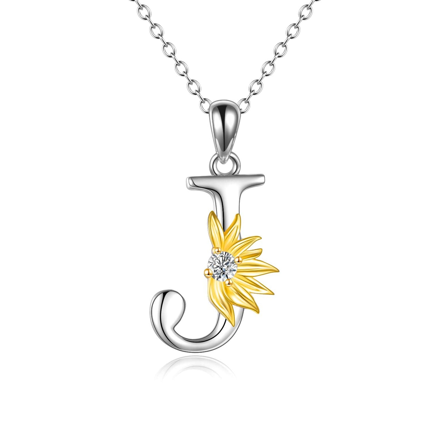 POPLYKE Sterling Silver Initial Alphabet Letter Script Name Pendant Chain Necklace for Women for (Sunflower J)