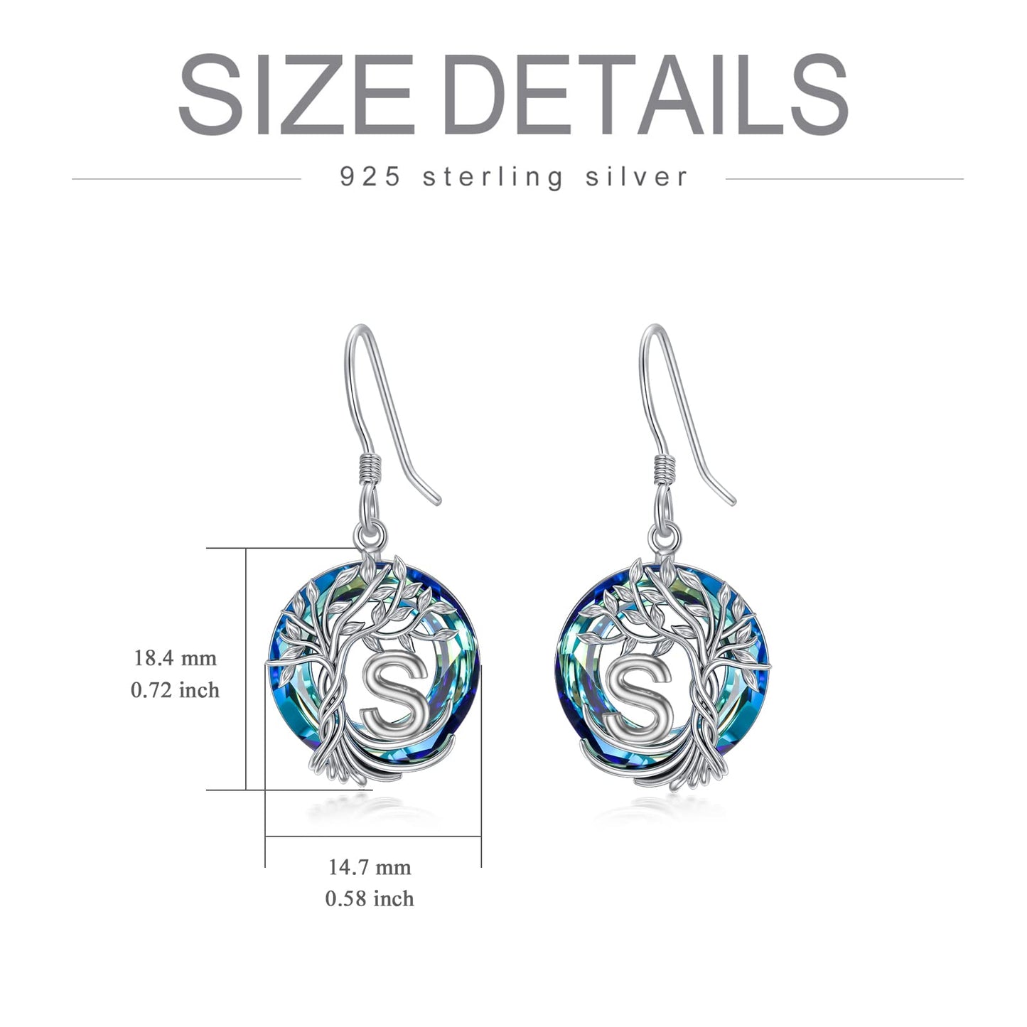TOUPOP Tree of Life Initial Earrings Sterling Silver Initial S Letter Drop Dangle Earrings Blue Circle Crystal Family Tree Jewelry Birthday Mothers Day Gifts for Women Mom Her
