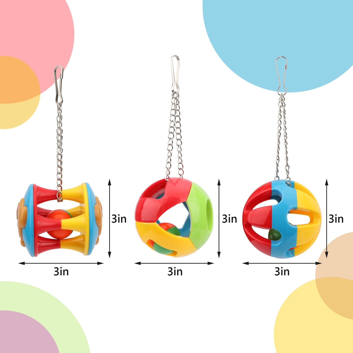 Hypeety Parrot Colorful Ball Toys with Bell Cage Hanging Chewing String for Parakeet Conure Cockatiel Small Medium Birds (A+B+C)