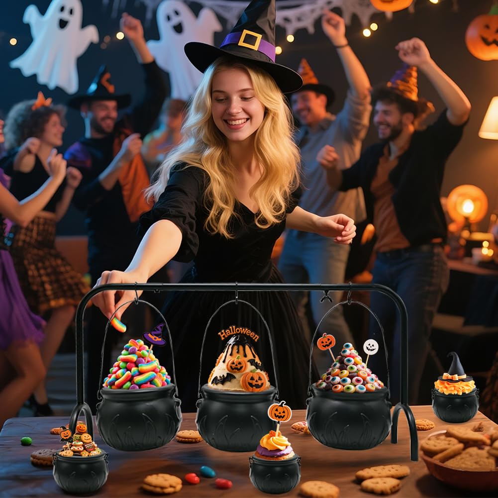 Halloween Cauldron Set with Rack - 3 Large & 6 Mini Black Plastic Flaming Cauldrons Candy Bowls for Indoor/Outdoor Hocus Pocus Party Decor, Witch Kitchen Serving & Haunted House Table Decorations