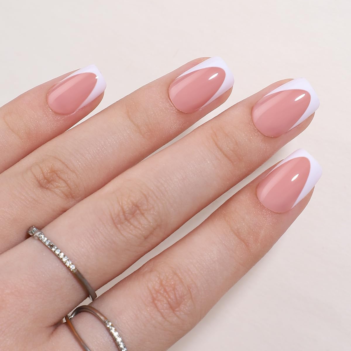30 Pcs French Tips Press On Nails - Short Square Nude Pink Glossy Reusable Acrylic Nails - 15 Sizes