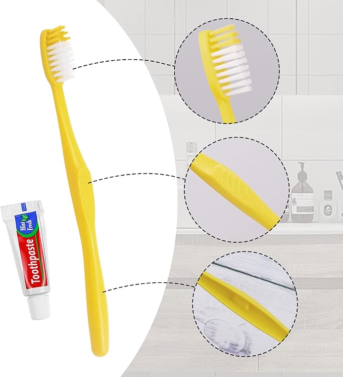 Disposable Toothbrush with Toothpaste Set Pack of 150,Yellow Hollow Individually Wrapped Manual Travel Toothbrush Kit in Bulk Toiletries for Adults,Kids,Hotel,Homeless,Nursing Home,Charity