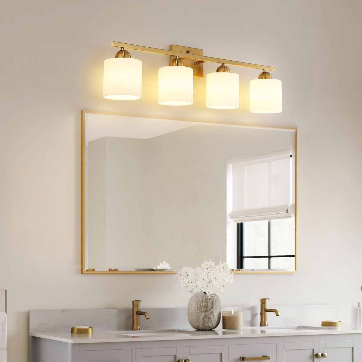 Stainless Steel Milk Glass Vanity Lights for Bathroom, 4 Light Gold Bathroom Light Fixtures Over Mirror, Ceramic E26 Sockets Wall Mounted
