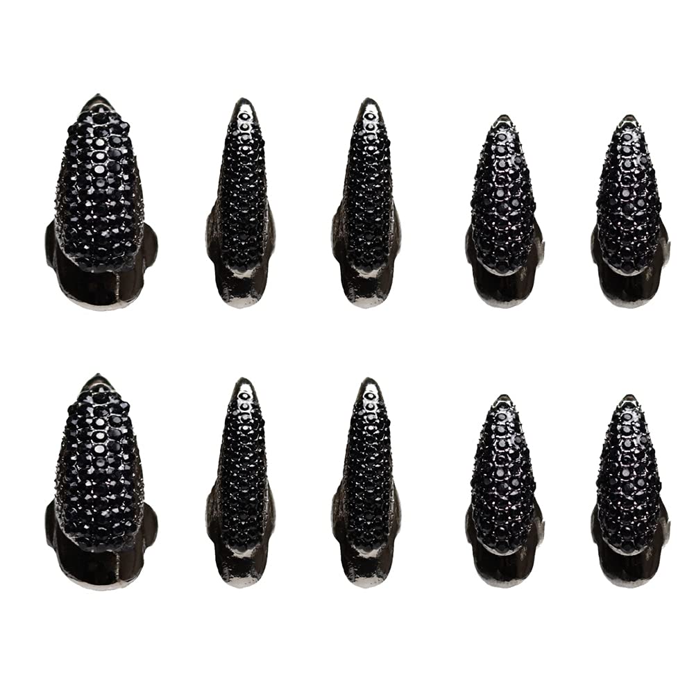 10PCS Halloween Costume Claws,Fake Nails Ring Set, Gothic Punk Crystal Full Finger Rings Paved Paw Bend Fingertip Fingernail Claw Girls Women Men Ring False Easy Long Nails Black(3 Sizes)