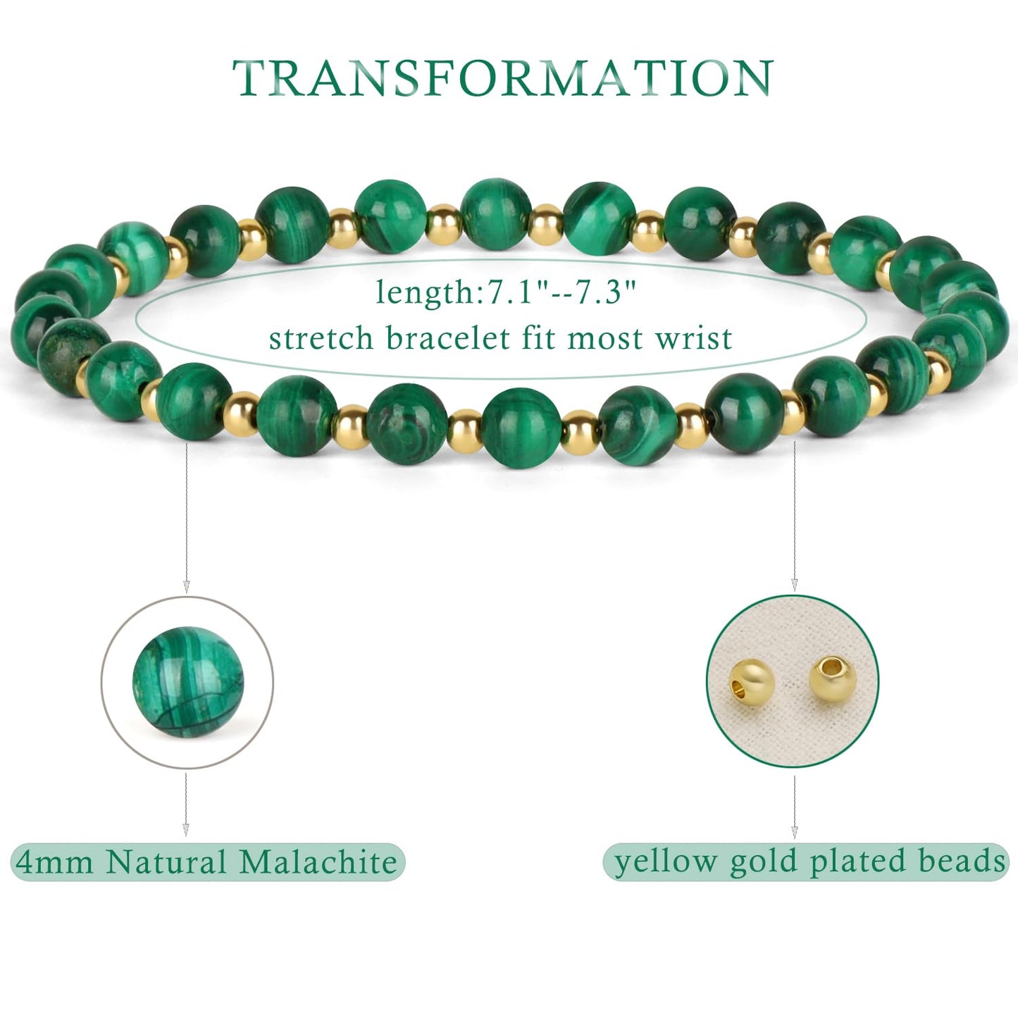 QOGIR Malachite - Transformation - 14K Gold Plated Beads Natural Gemstone Stretch Elastic Dainty Healing Beaded Bracelets Gifts 4mm
