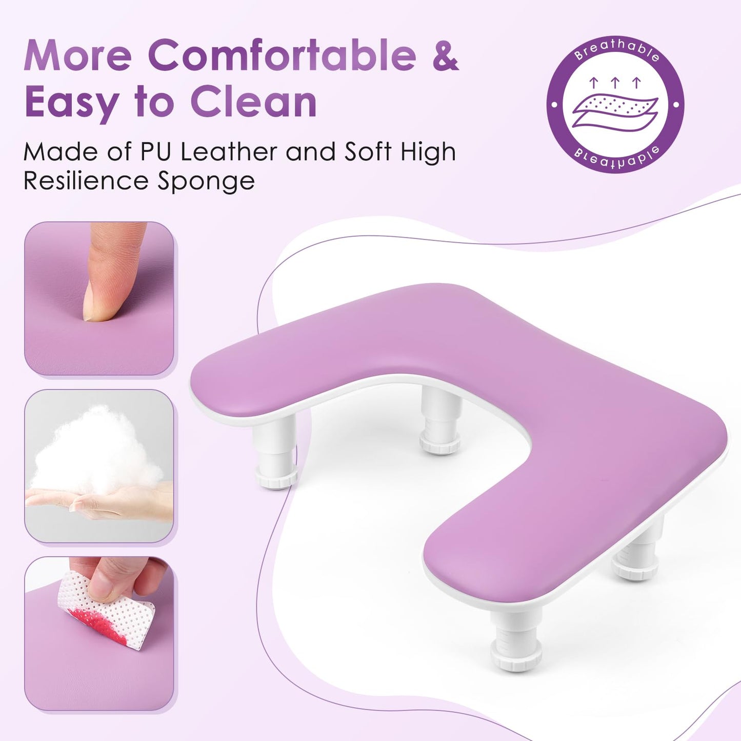 Manicure Arm Rest for Nails Tech: U-shaped Adjustable Nail Armrest - Purple PU Leather Hand Stand Rest for Manicurists