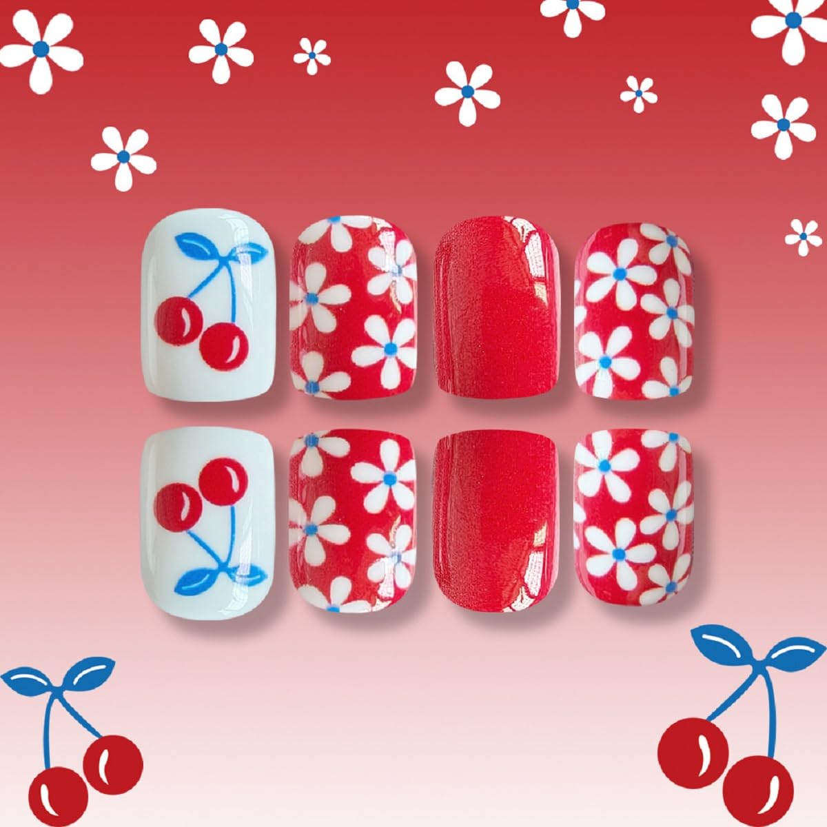 Red Press On Nails Short Square Fake Nails Flower With Cherry Design Spring False Nails Glossy Full Cover Acrylic Glue On Nail Artificial Stick On Nail For Women 24pcs