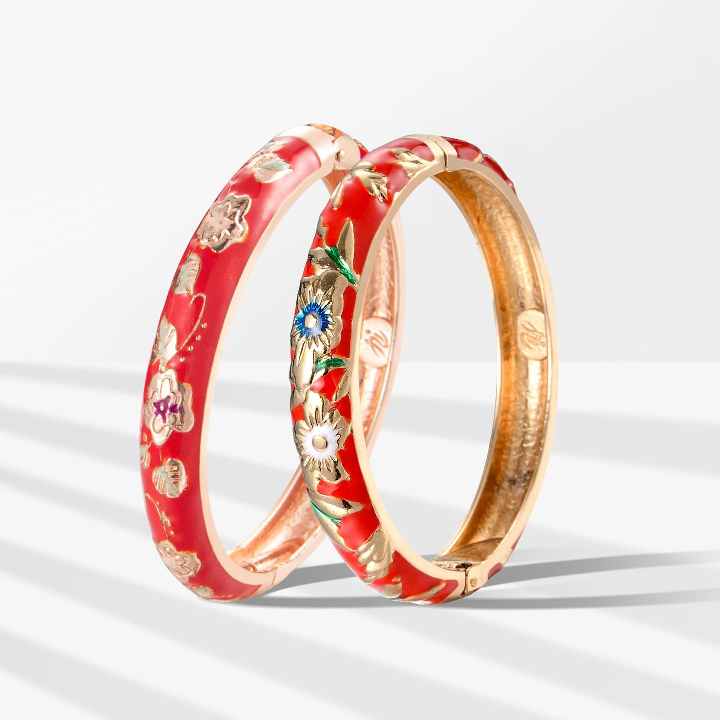 UJOY Vintage Bracelet Enameled Jewelry Spring Hinge Metal Gold Plated Cuff Cloisonne Bangles Set Gift Box Packed 55A87-55A103 Red