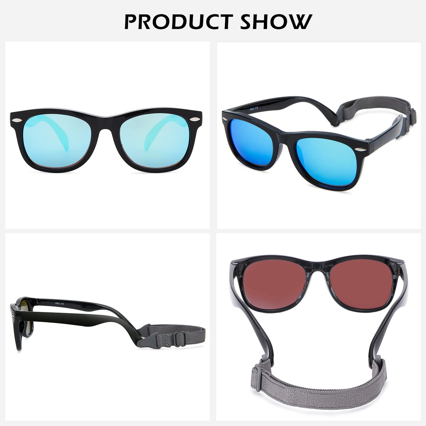 Hycredi Flexible Polarized Baby Sunglasses with Strap for Newborn Infant Boys Girls Age 0-24 Months-Matte Black/Grey +Black/Blue Mirrored