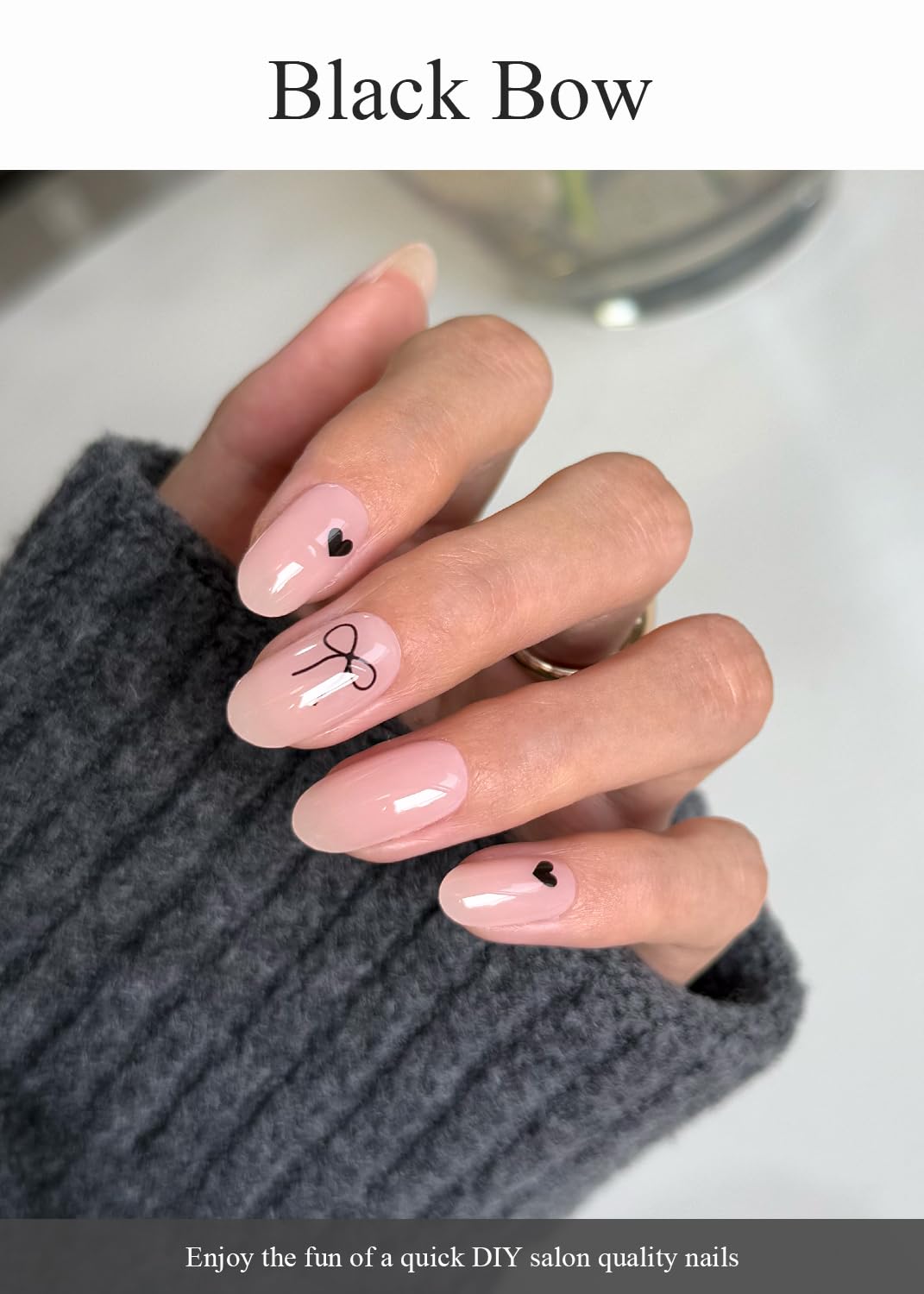 AutyaMee Semi Cured Gel Nail Strips (Black Bow), Jelly Nude, 20 Pcs Gel Nail Wraps, Stickers, UV Light Required, Salon Quality, Long Lasting
