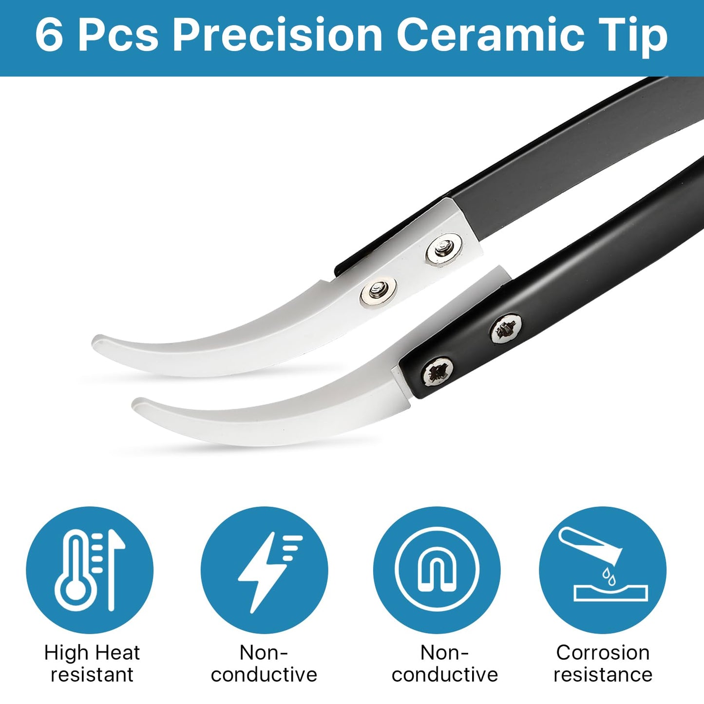 Aemygo 6 Pcs Precision Reverse Ceramic Tweezers Set, Non-Conductive Heat-resistant Electronics Soldering Tweezers Anti-Magnetic Pointed & Curved Tips Tweezers for Solder, Pinching Coils (Black)