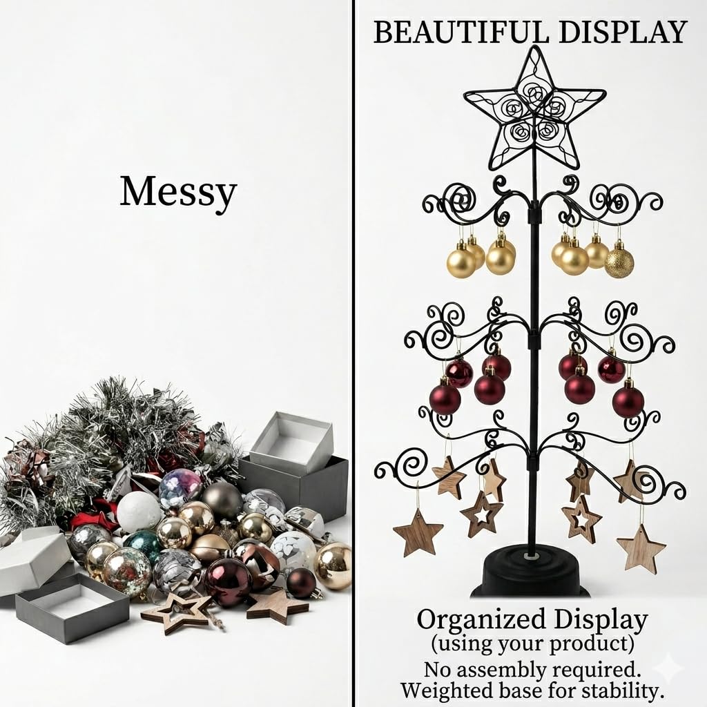 HOHIYA 24” Rotating Ornament Display Tree Stand 36 Hooks Metal Tabletop Display Rack for Christmas Ornaments Halloween Decor Craft Show Display Heavy Duty Black