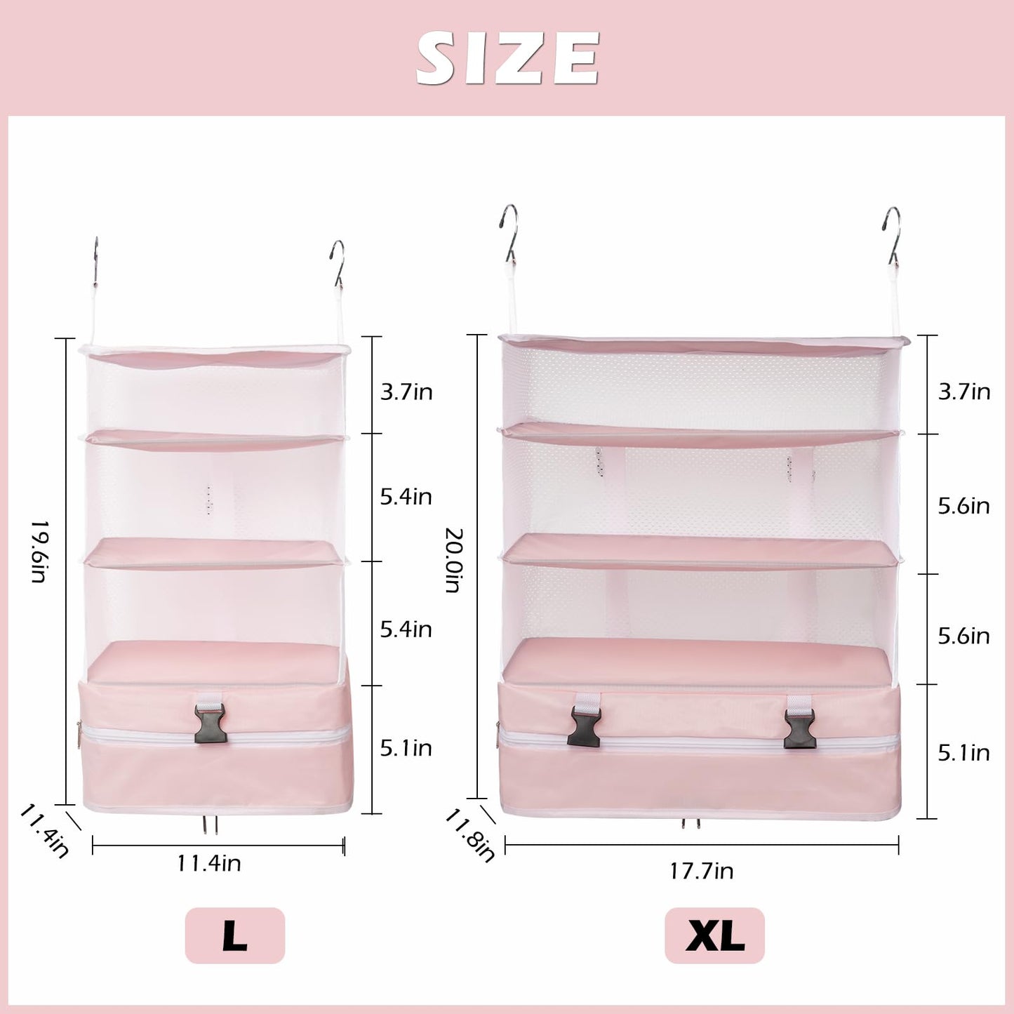 Surblue Hanging Closet Storage Bag Collapsible 3-Shelf Washable Oxford Fabric with 2 Hooks (L 11.41 * 11.41 * 19.68in, Pink)