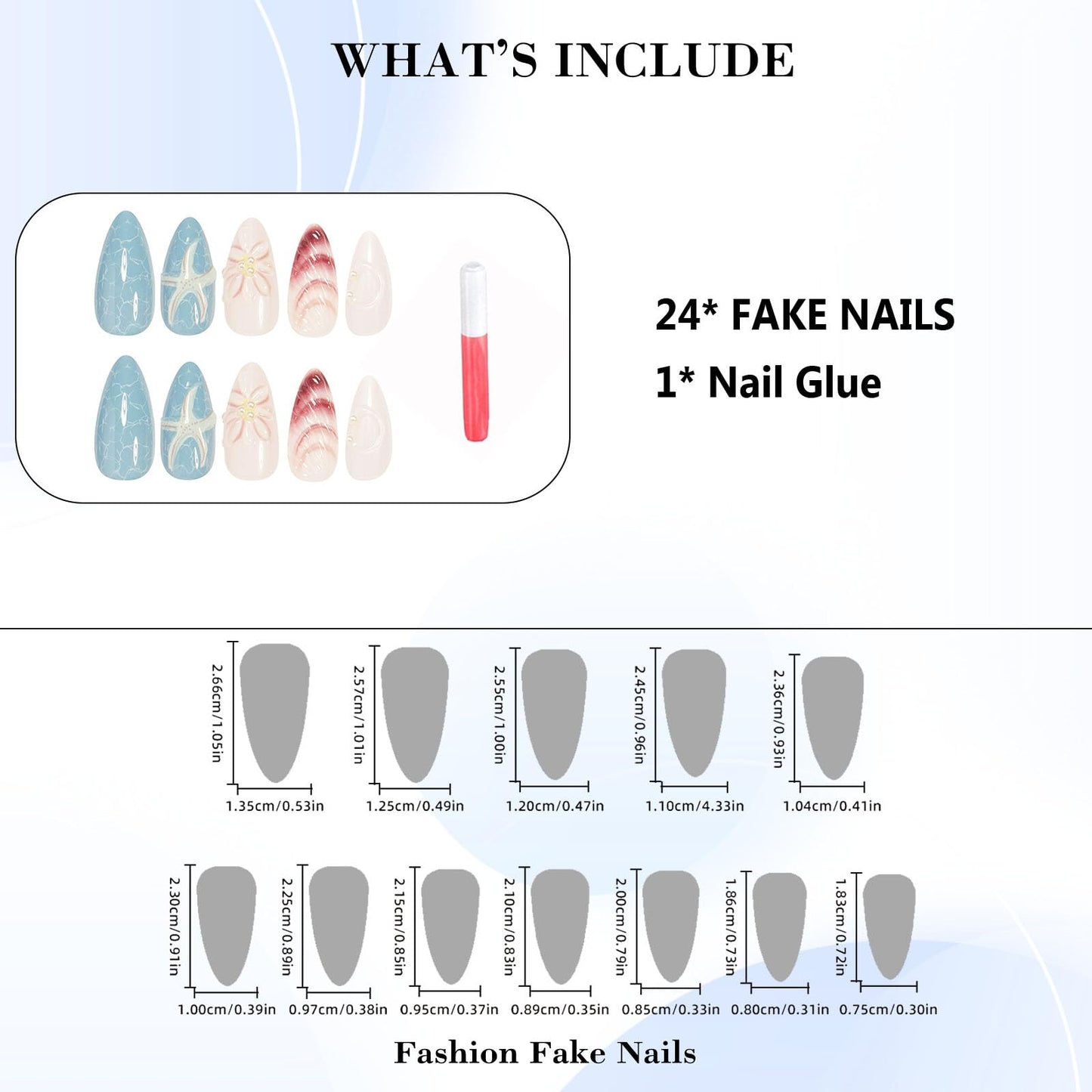 IMRAIN Almond Press on Nails Medium Fake Nails with 3D Sea Star, Shell Design Blue Glossy Full Cover Acrylic False Nails Stick on Nails for Women Girls DIY Manicure 24Pcs