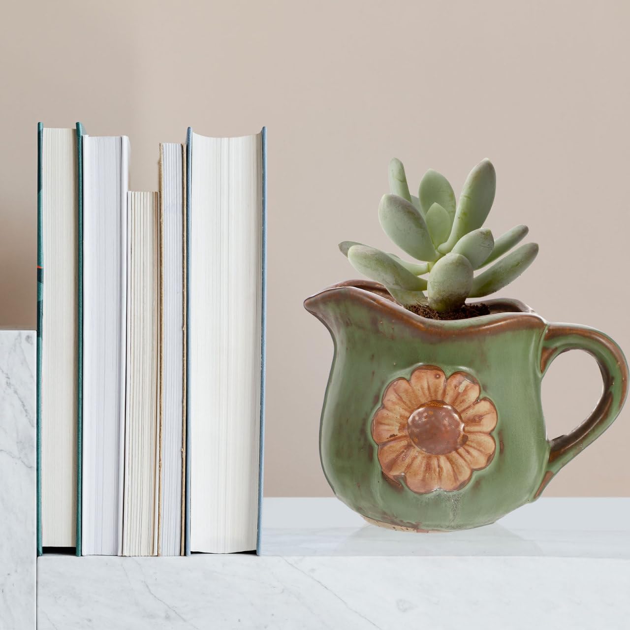 Mipcase Retro Ceramic Plant Pot with Daisy Pattern and Handle Small Indoor Succulent Planter 5.31X3.34X3.93 Inches Gardening Pot for Home and Office Decor