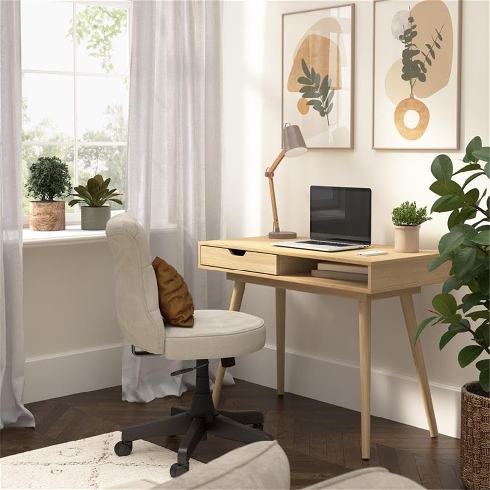 Bush Home Nora 40W Writing Desk in Natural Oak | Compact Writing Table with Storage, Workstation for Home Office or Study Room