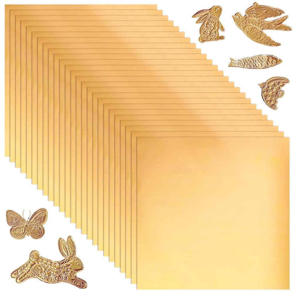 AHANDMAKER 100 Sheets Heavy Duty Aluminum Foil Sheet, 6 x 6 inch Gold Flashing Square Tin Foil Heavy Duty Board for Painting Engraving Embossing Mounting Art Project Crafts, 0.07mm Thick
