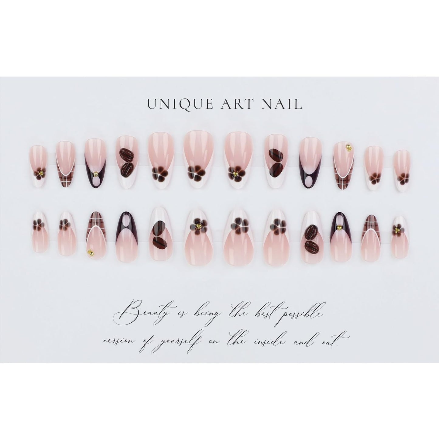 IMSOHOT Fall Press on Nails Almond Medium Fake Nails with 3D Coffee Bean Designs Glossy Brown French Tip False Nails Full Cover Acrylic Nail Kit for Women Manicure