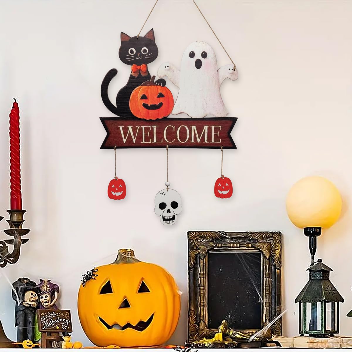 Halloween Welcome Sign Hanging Wood Decor - Spooky Ghost, Black Cat, Pumpkin & Skull for Front Door Wall Decorations with 3 Pendant (Pumpkin, Skull, Pumpkin), Indoor Outdoor Fall Party Supplies