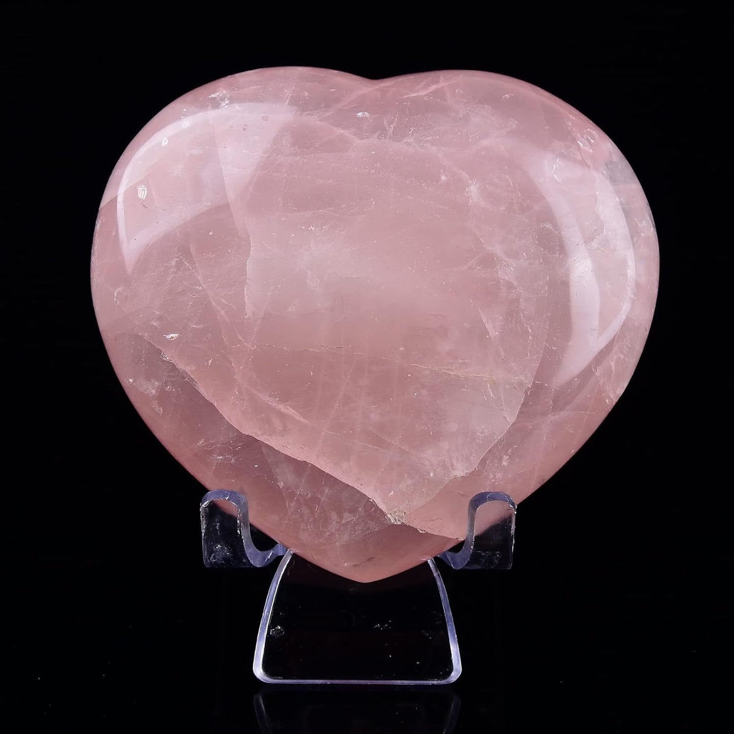JIC Gem Heart Shaped Rose Quartz Crystal Healing Stone Large Pocket Palm Worry Stone with Display Stand Chakra Reiki Balancing 2.9"-3.3"