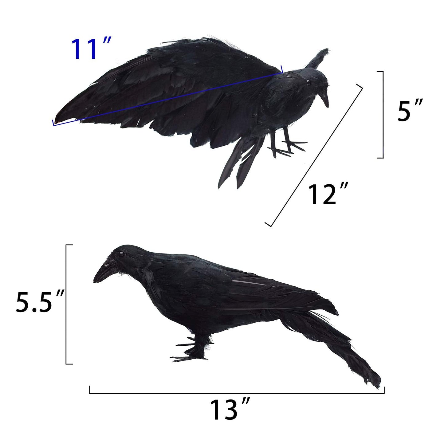 Etistta 2-Pack Realistic Crows Lifesize Extra Large Handmade Black Feathered Crow for Halloween Decorations Birds, L (13 inch+12 inch)