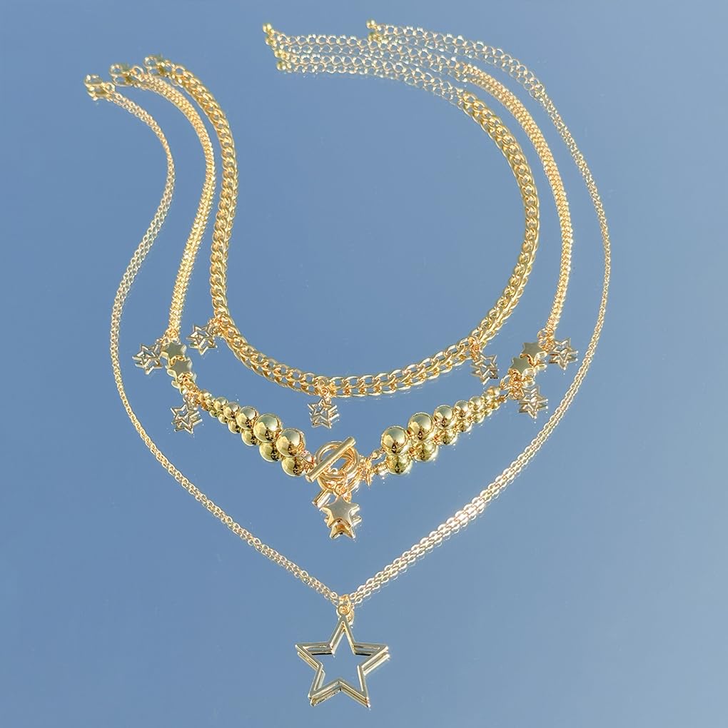 Layered Silver Y2k Star Pendant Necklaces Set for Women Stackable Stars Pearls Choker Necklace Adjustable Toggle Chain Necklaces Jewelry Accessories