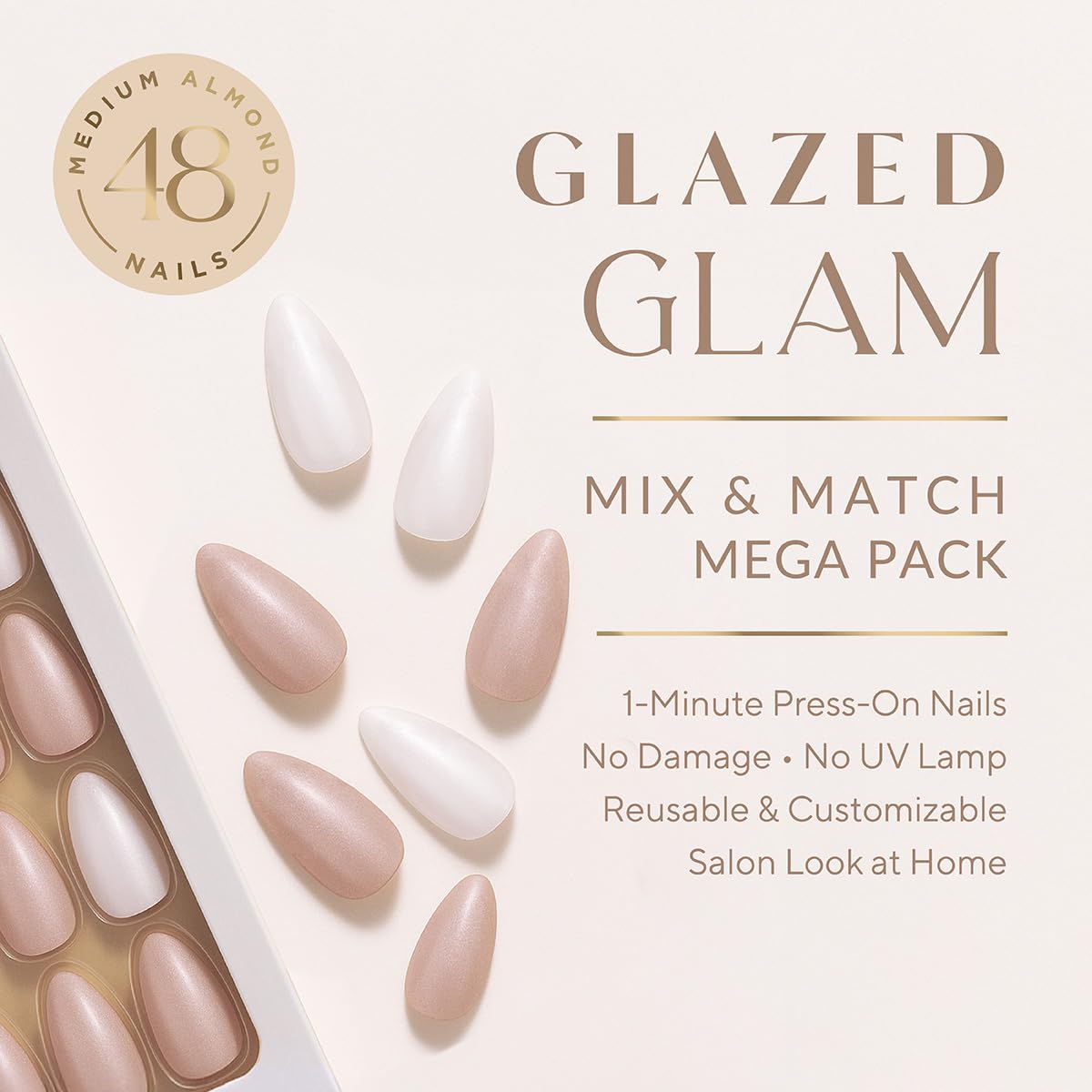 Pearlessence 48pc Glazed Glam Med Oval Press On Nails Mega Pack | Frosted Vanilla & Glossy Mocha | Medium Almond Shape