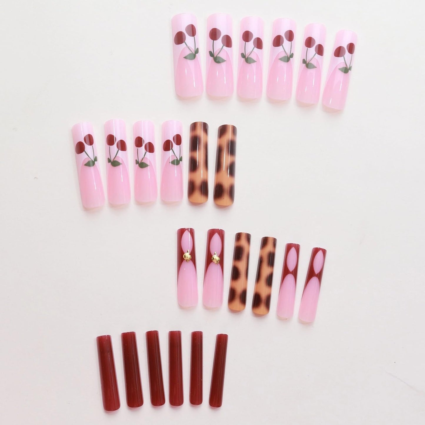 MISUD Press on Nails - Extra Long Square Glue on Nails with Cherry, Acrylic Tortoise Shell Design 24 pcs