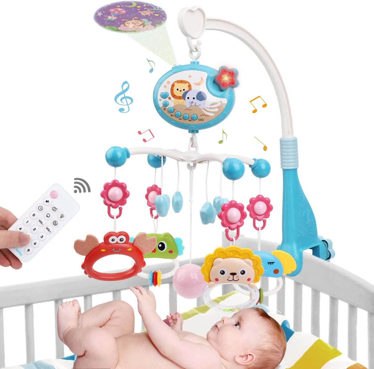 Baby Crib Mobile with Music and Light, Crib Toy with Remote Control ＆ Timming Function, Projector Rotating Hanging Rattles Toys Baby Mobile Gift Toy for 0-24 Moths Boys and Girls