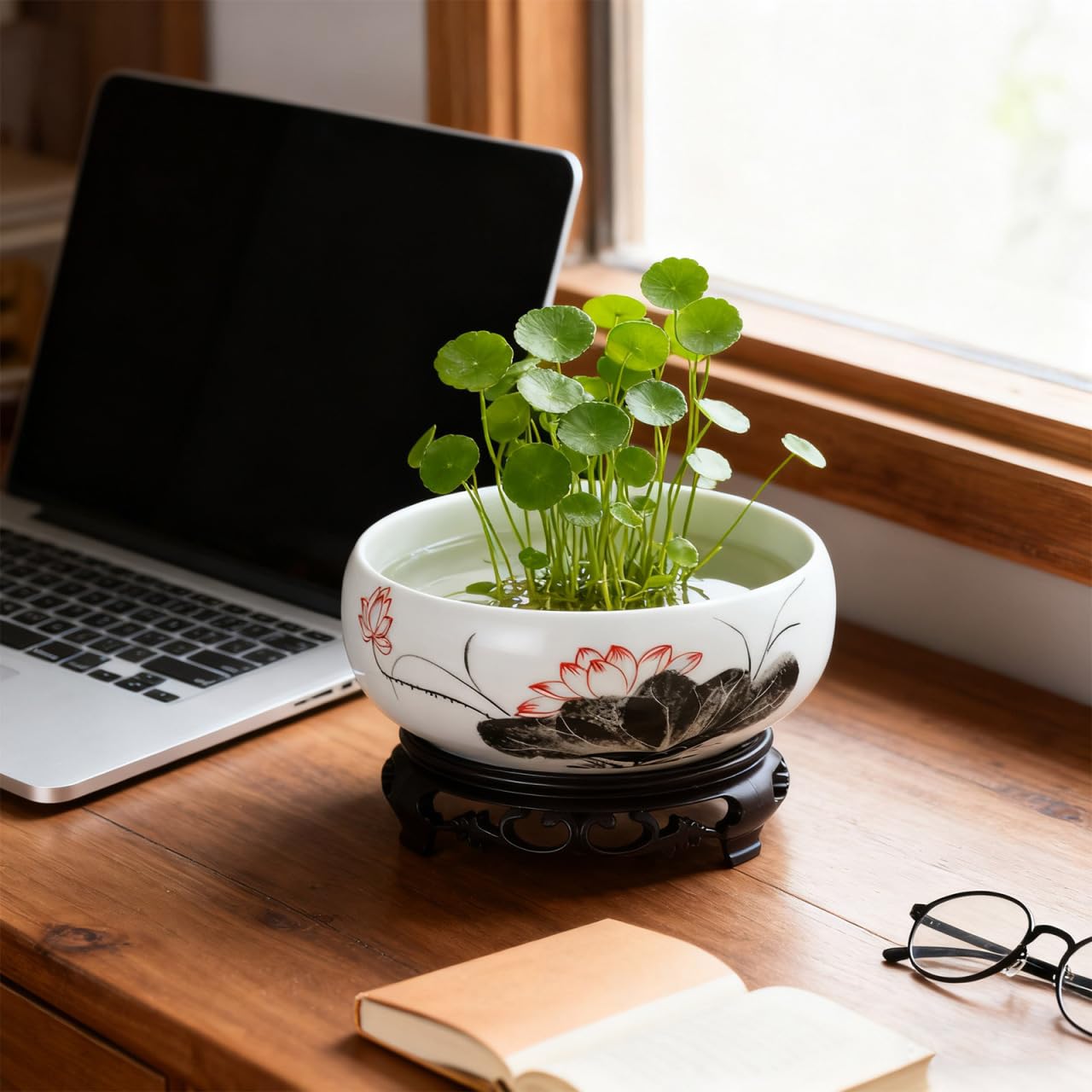 Gatuida Ceramic Bonsai Planter with Base, Hydroponic Flower Container, Water Lily Bowl, Lotus Planter for Home Decor, 6.69 x 2.75 x 4.13 Inch