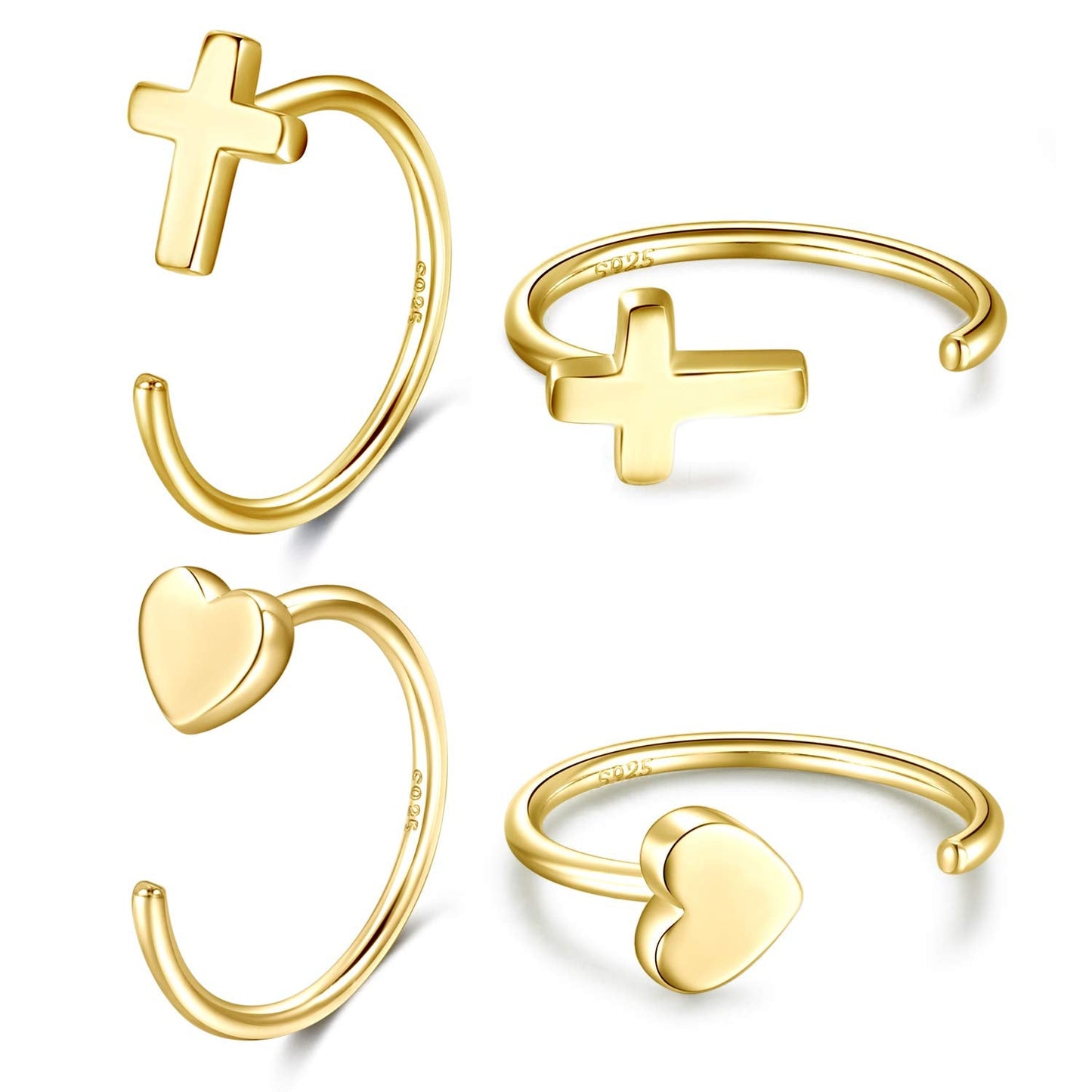 Huggie 18K Gold Plated 925 Sterling Silver Cross Heart Hug Hoops Earrings for Women Tiny Open Hoop Set 2 Pairs
