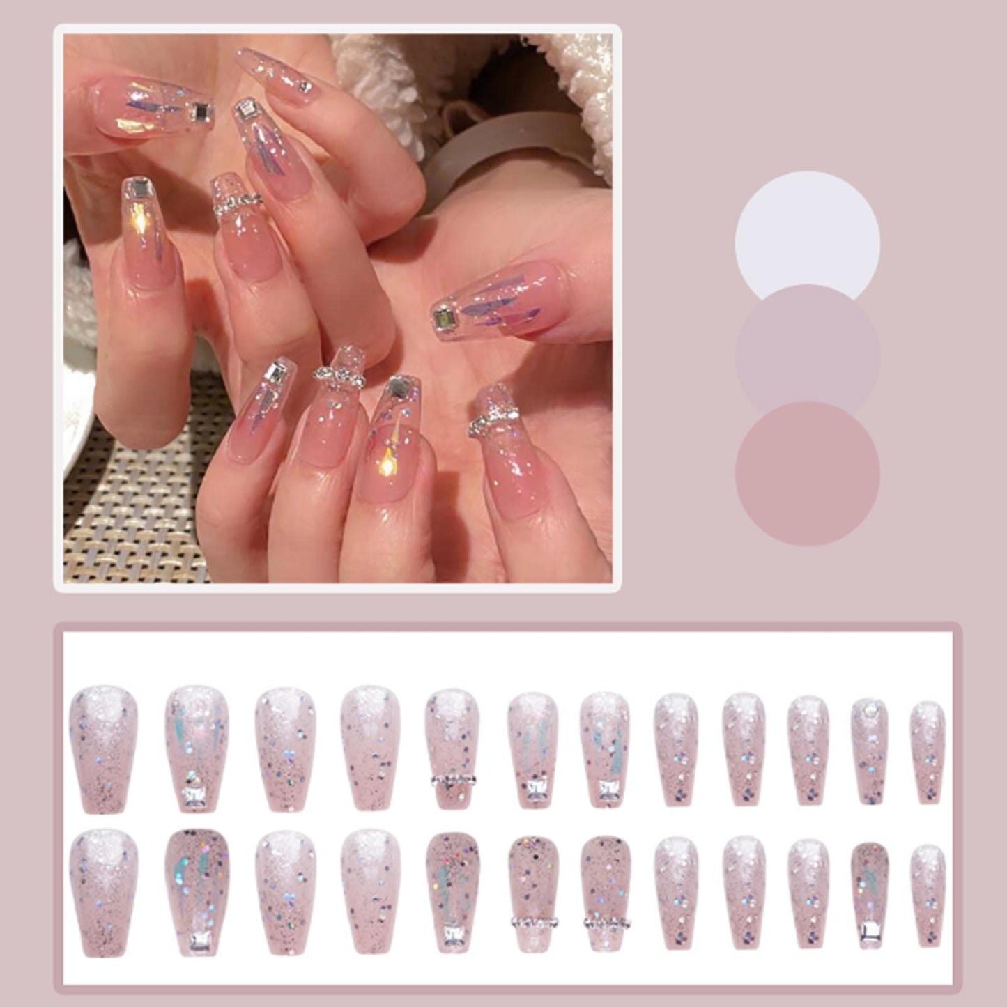 DANMANR Long Press on Nails Square French Fake Nails Full Cover Nude Acrylic False Nails for Women and Girls 24PCS (Multicolor Medium Coffin)
