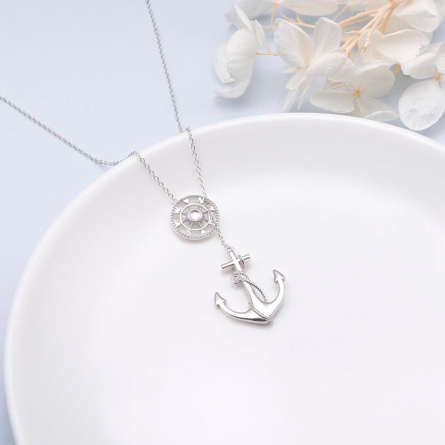 Anchor Necklace for Women 925 Sterling Silver Anchor Pendant Necklace with Moonstone Anchor Jewelry Y Shaped Lariat Style Necklace Polished Nautical Anchor Rope Fine Jewelry 30 inch for Love One